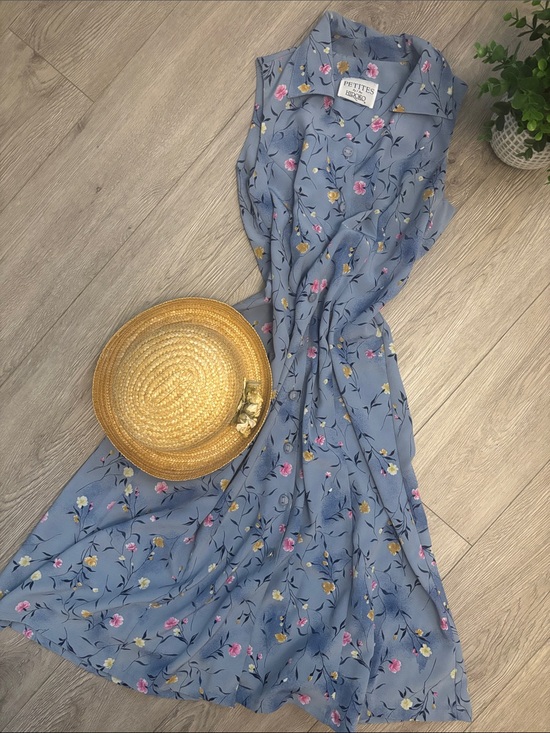 Vintage Dresses & Skirts - Vintage 90s Cottagecore Prairie sleeveless dress Blue Floral Dress